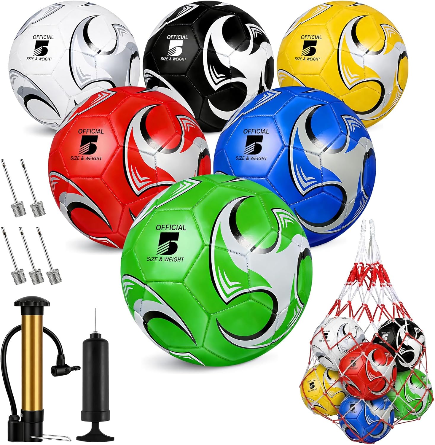 6 Pack Colorful Soccer Balls Size 5/4/3 Deflated Includes Ball Pump and Net Bag, Pelota De Futbol Training Practice Sphere Competition Competition Soccer for Indoor Outdoor